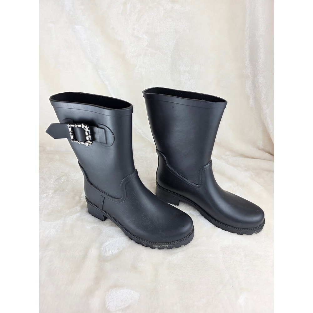 Time and Tru Womens Black Rubber Buckle Rain Boots Size 7